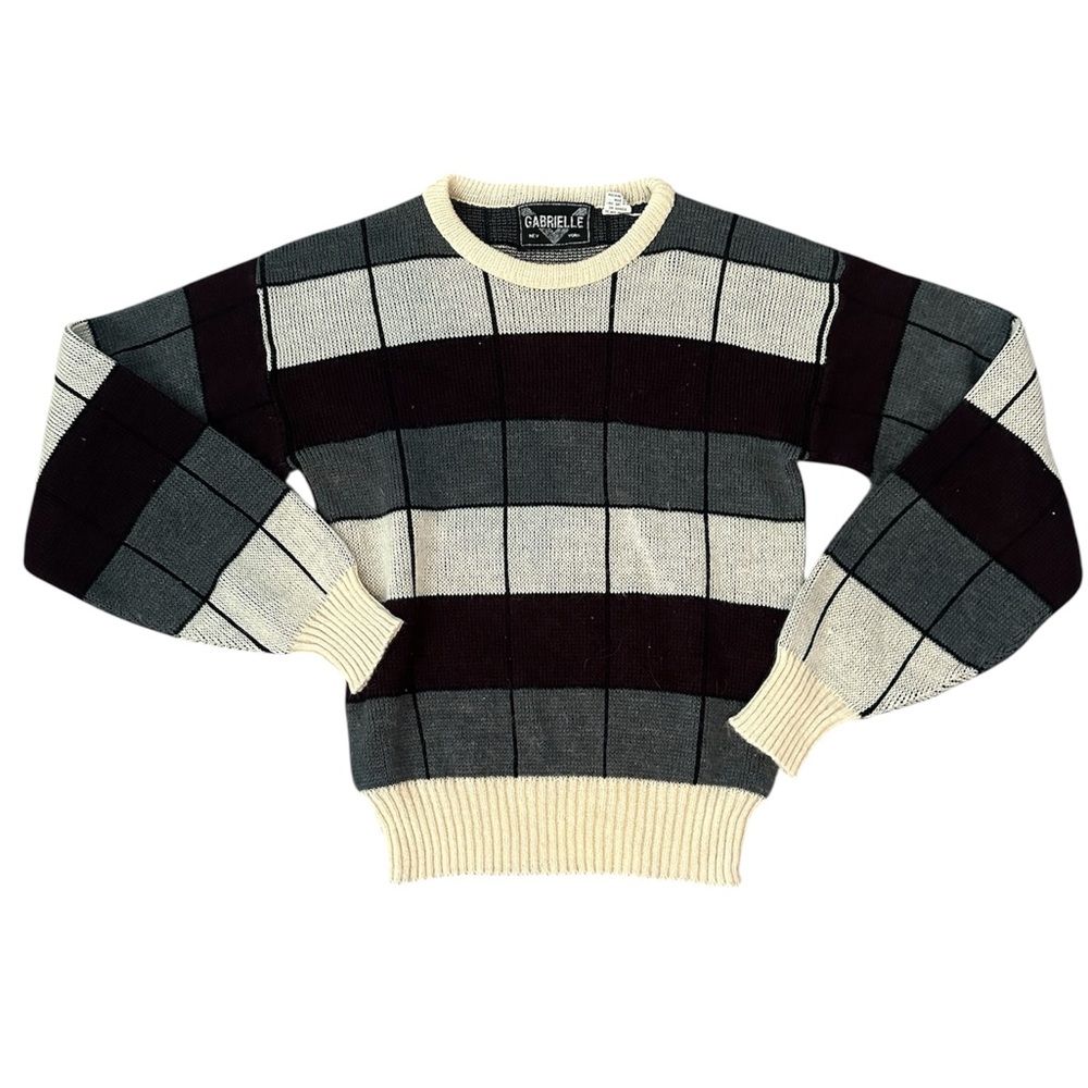 Vintage Gabrielle off white, gray and maroon crew neck sweater. Size Small.